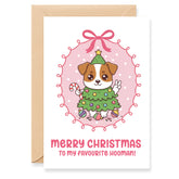 Christmas-themed card with a dog in a tree costume and candy cane, featuring 'Merry Christmas to my favourite hooman!' text.